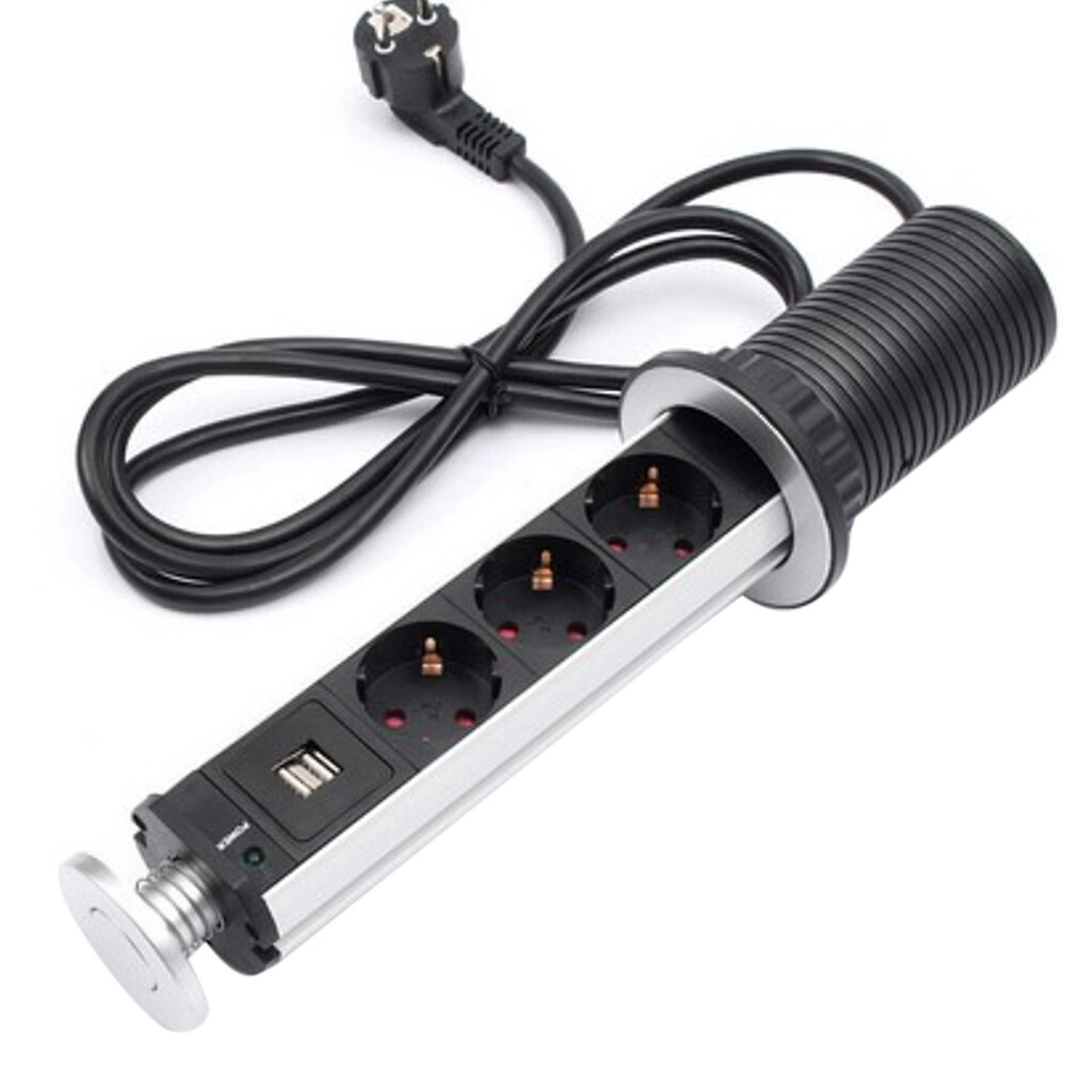 Pull Pop Up Electrical 3 Socket 2 USB Kitchen Retractable Office Metting Desk Table Socket