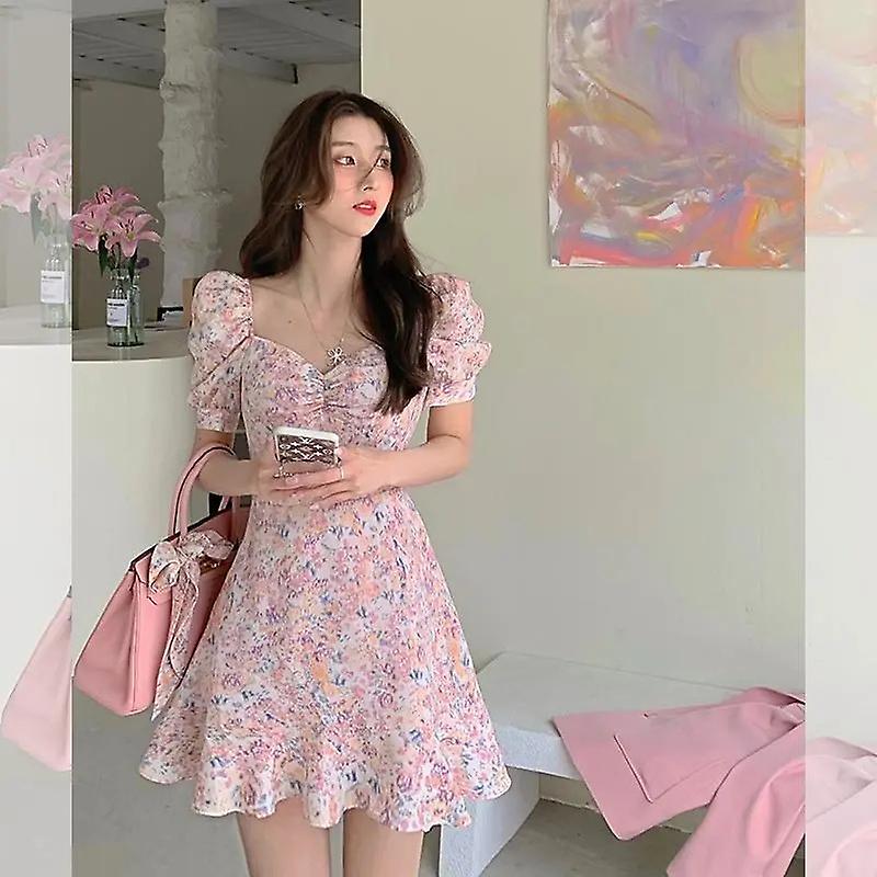 Mousseline de soie pour femmes Robe florale Jaune Rose Rétro Ruff Manches courtes Col carré Taille Jupe courte pour l'été