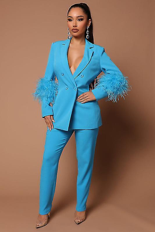 Women's Long Sleeve Open Front Blazer Casual Work Office Jacket 2 Piece Suits Set