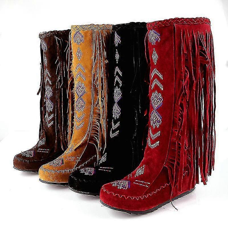 Ethnic Style Retro Fringed Boots Women's Autumn And Winter Flat Bottom Increased Inside Mid-calf