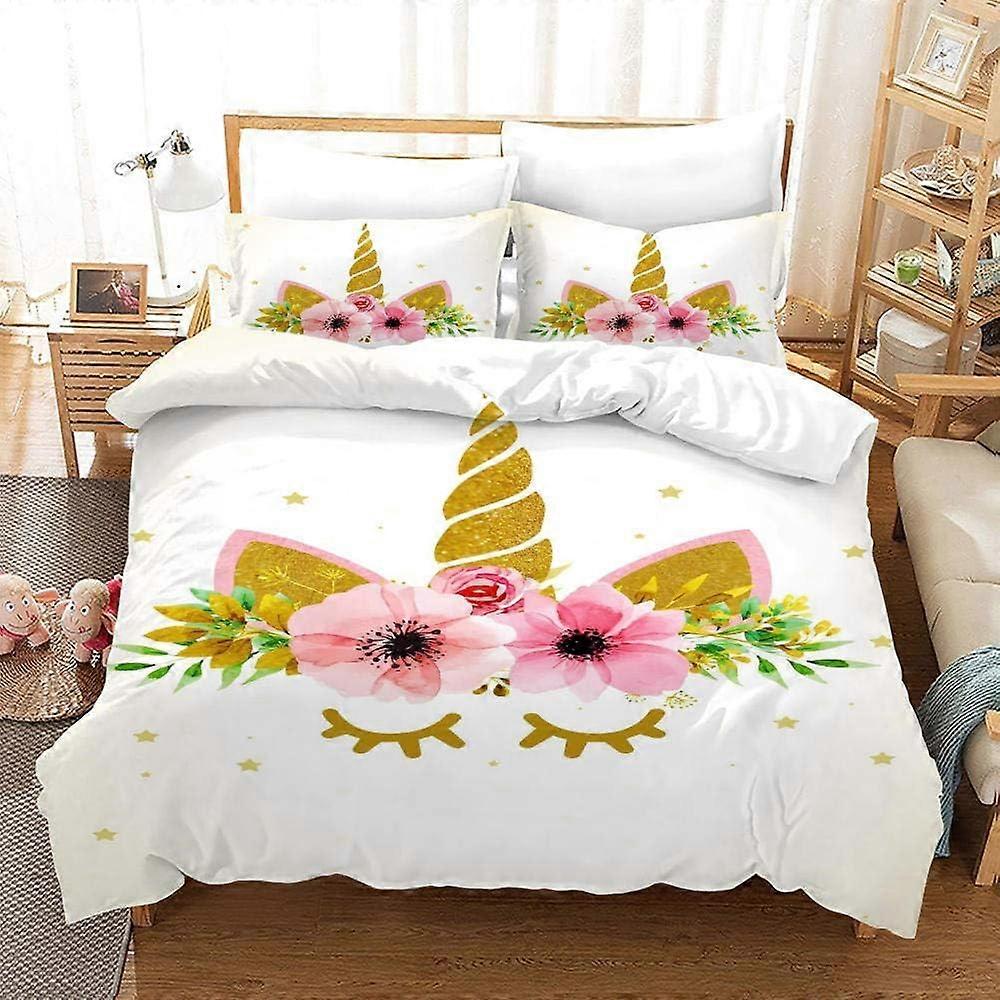 Bedding Sets Children's Cartoon Unicorn Bedding Set with Microfiber Duvet Cover and Pillowcase, Digital Print Dc 135*200 CM