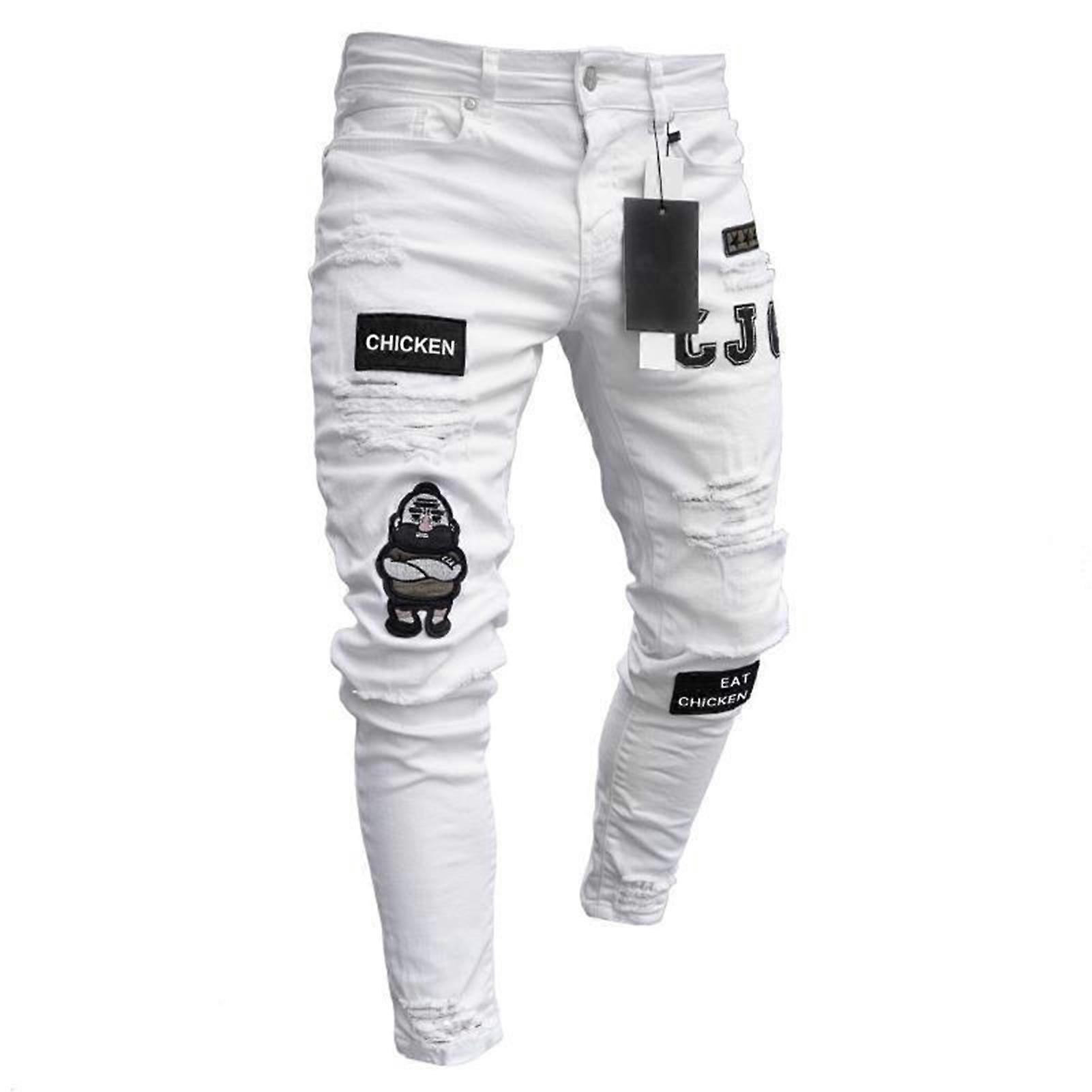 Badge Embroidery Men\'s Jeans No Irritation Slim Low Waist Jeans for Men for Office School Class Meeting