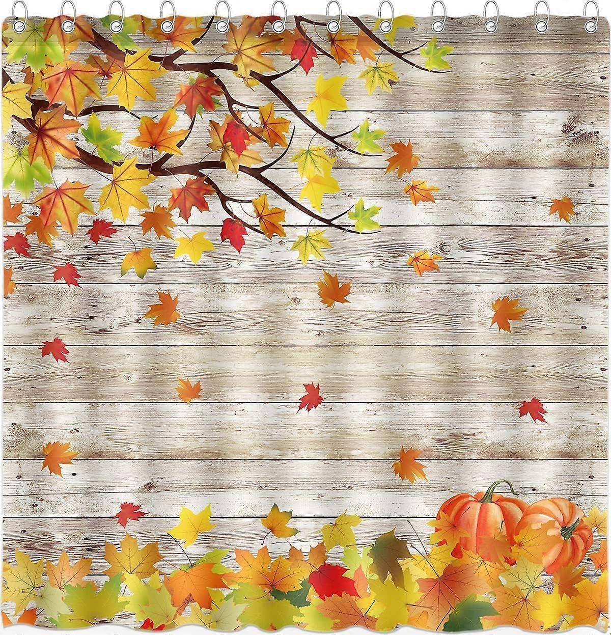 Fall Shower Curtain for Bathroom Pumpkin Farmhouse Style Happy Festive Romantic Falling Maple leaf Wooden board Thanksgiving Poliester Fabric Decorati
