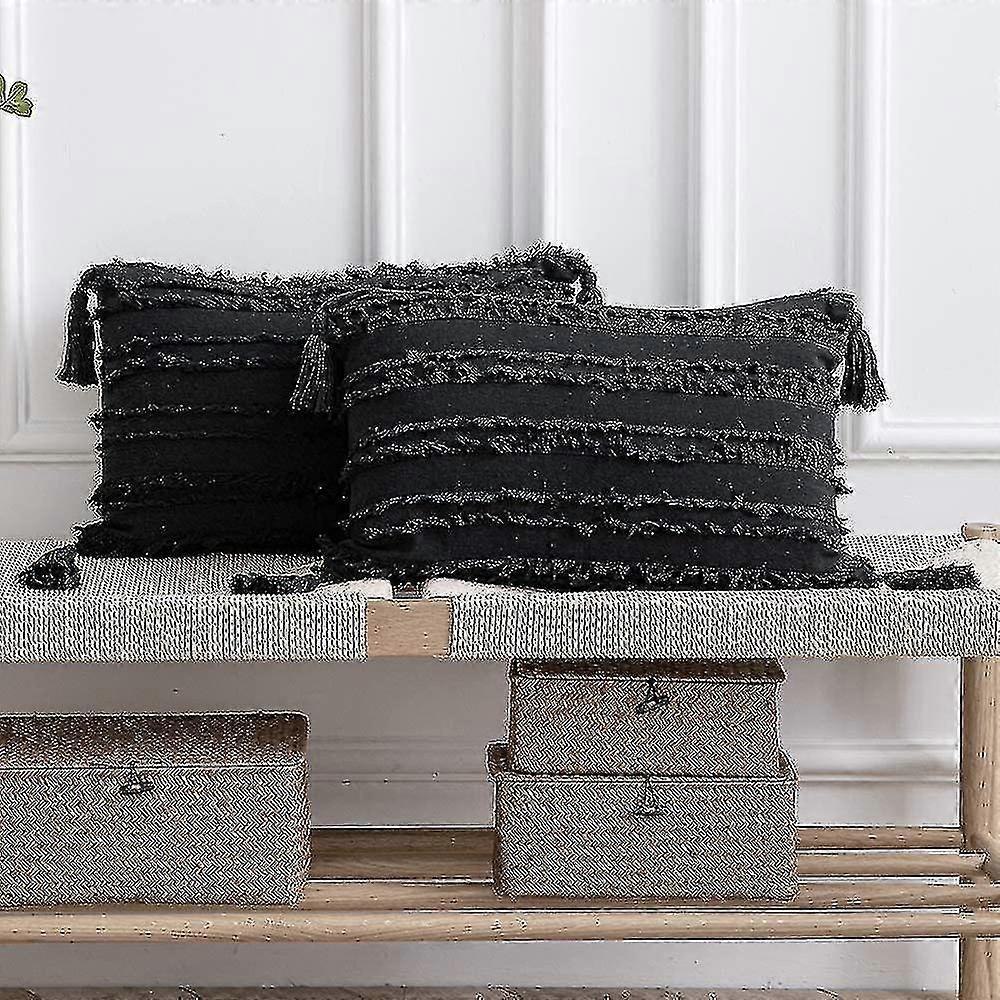 Fgao 2 Pack Boho Striped Cotton Linen Rectangular Decorative Pillow Cases