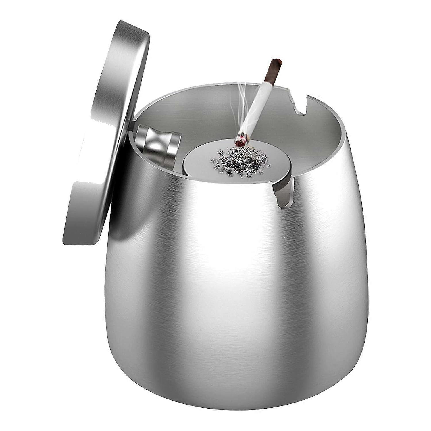 Ashtrays,Stainless Steel Ashtray with Lid,Windproof Ashtrays with Anti Scratch Base for Outdoor Indoor Use,Garden Balcony Bar Desk Decor,Gift Idea,Sil