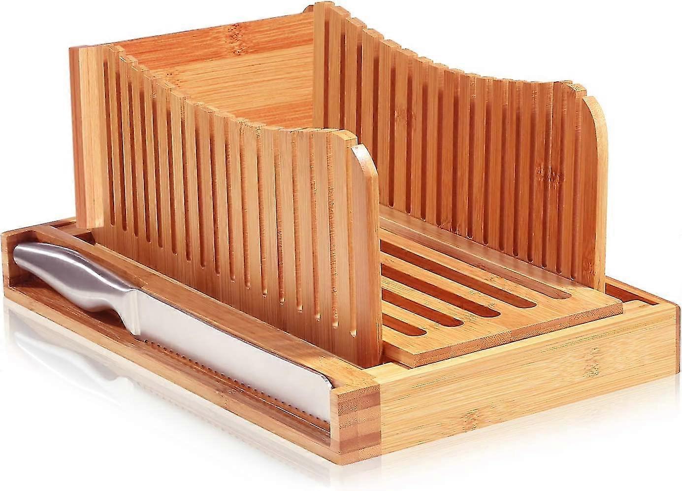 Bamboo Bread Slicer Cutting Guide With Knife - 3 Slice Thick, Foldable Compact Cutting Board With Crumb Tray, Stainless Steel Bread Knife
