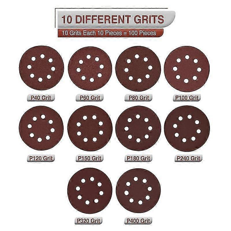 100db csiszolótárcsák párnák 8 lyuk 125mm horog és hurok 40 -400 vegyes szemcsés csiszolópapír lap Rando számára