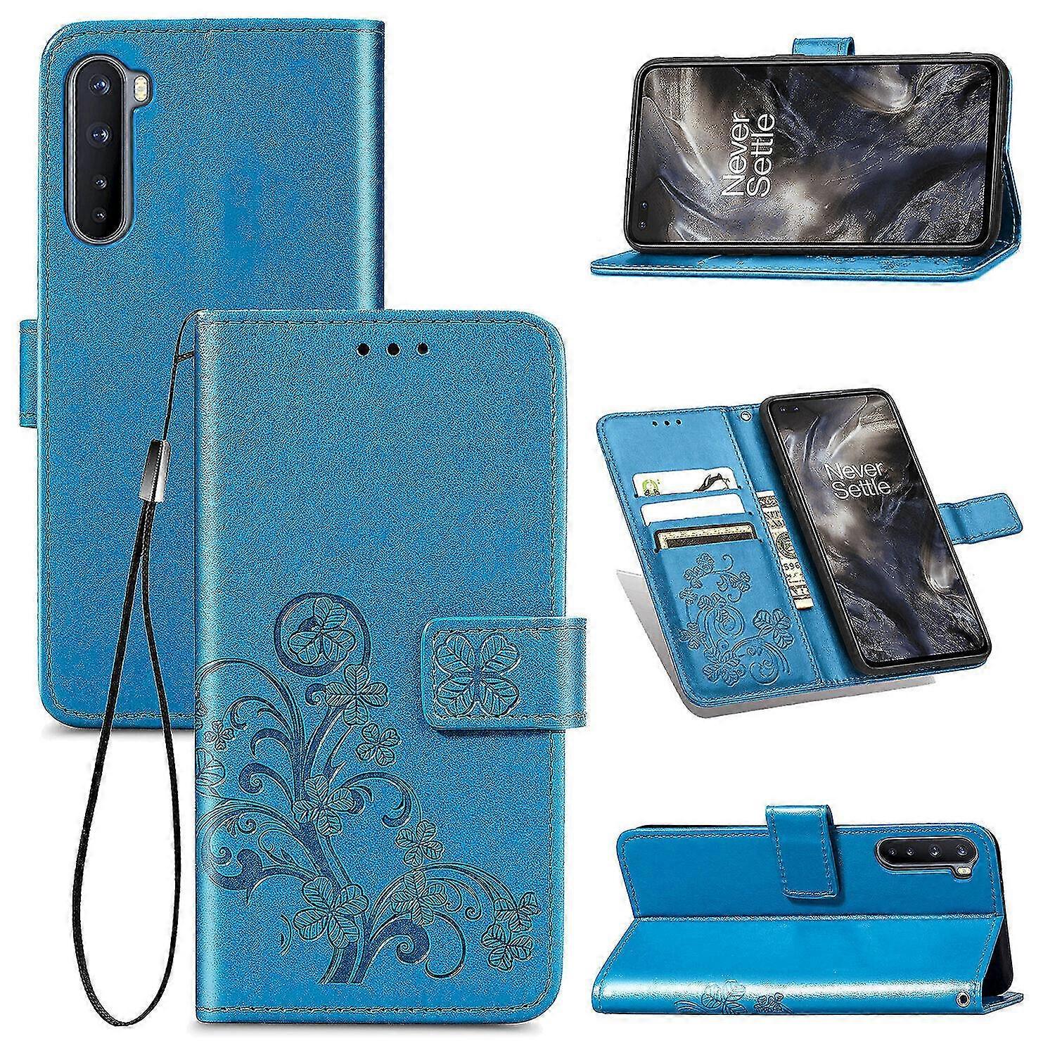 Compatible with Oneplus Nord Cover Wallet Clover Embossed Protective Leather Phone Case Magnetic  - Blue