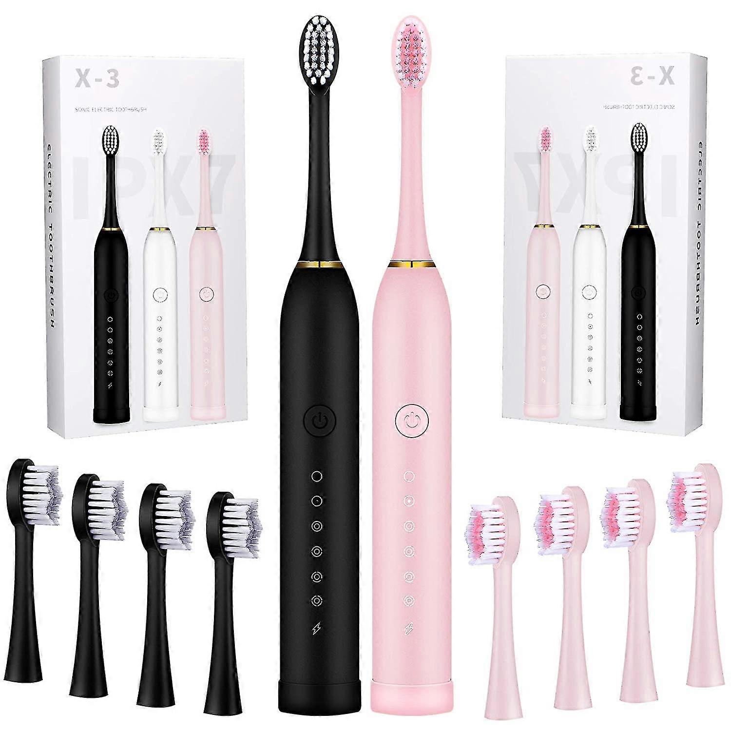 2 Pcs 6 Modes Electric Toothbrushes For Adults And Kids Rechargeable Electric Toothbrush With 2 Minutes Timer, 8 Pcs Replacement Brushheads For Valent