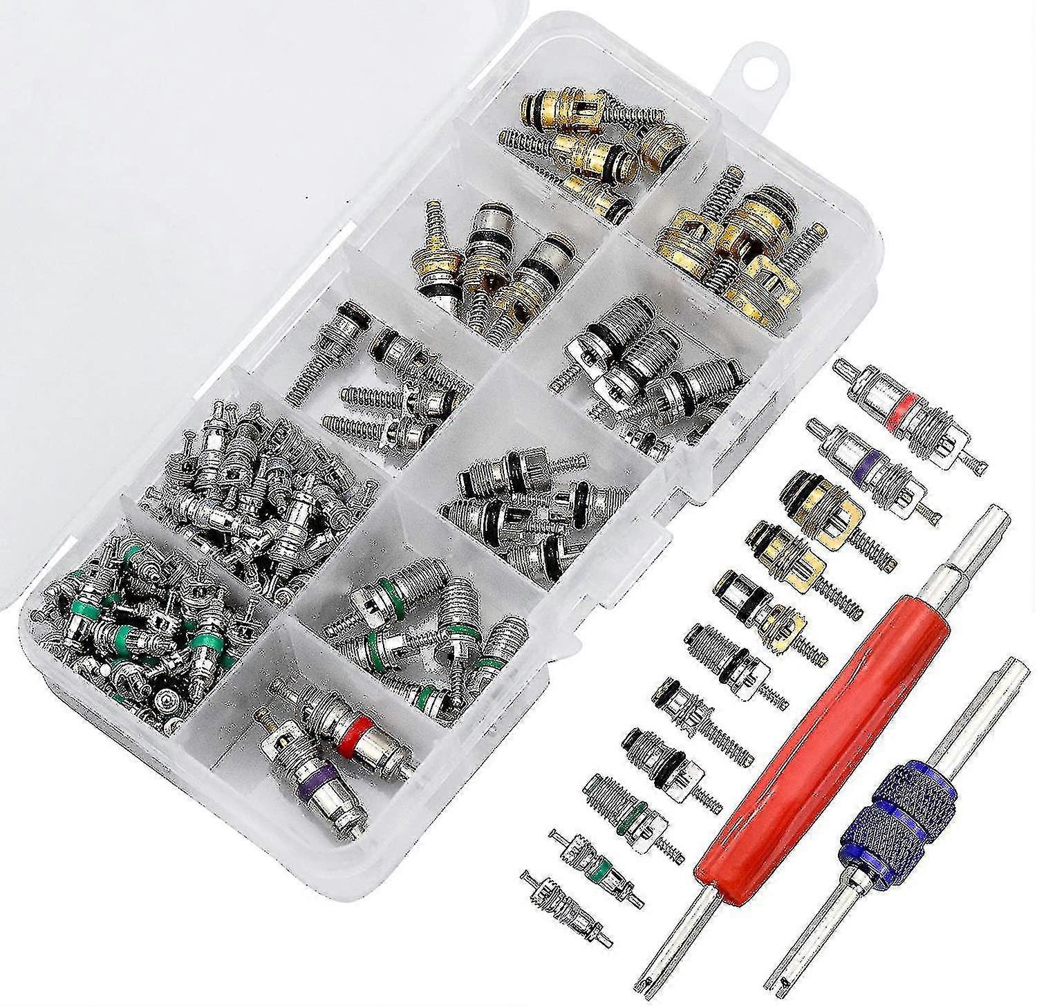 Πυρήνας βαλβίδων κλιματισμού 102pcs, αυτοκινητικοί πυρήνες μίσχων βαλβίδων κλιματισμού με το εργαλείο αφαίρεσης για την επισκευή αέρα αυτοκινήτων