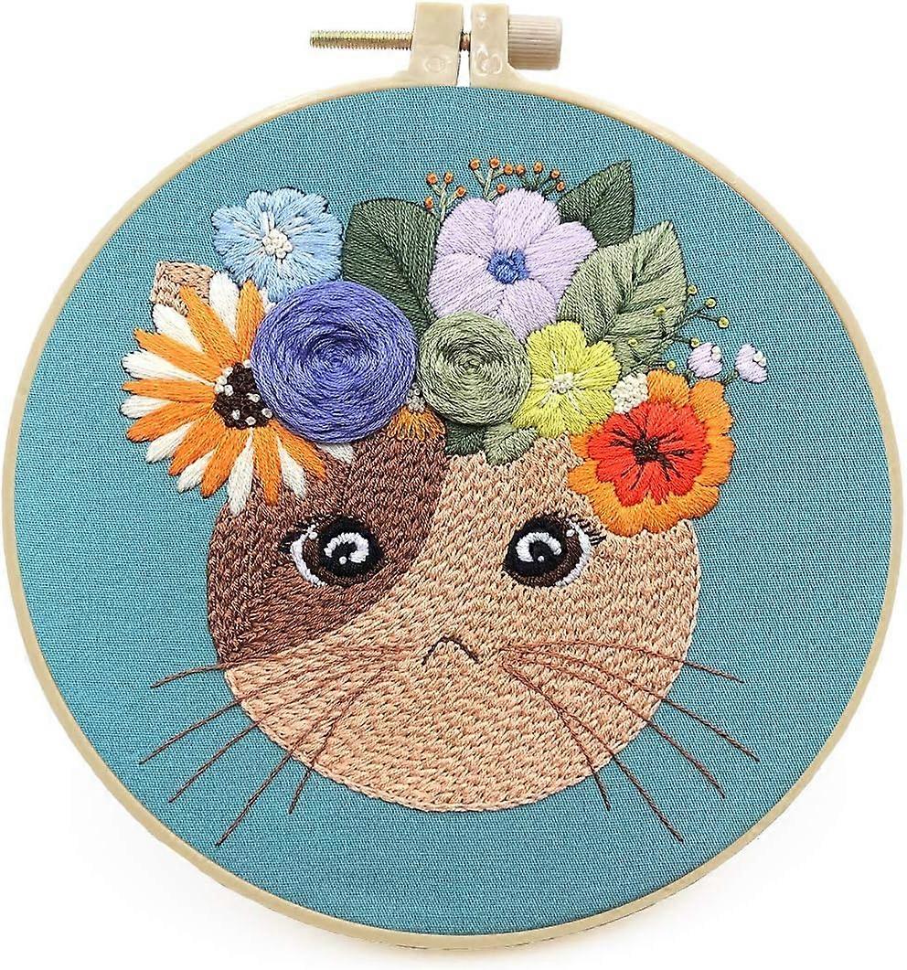 Adult Beginner Embroidery Kit - Blue Contains cat fabric - colored thread, needle, thread loop and instructions.