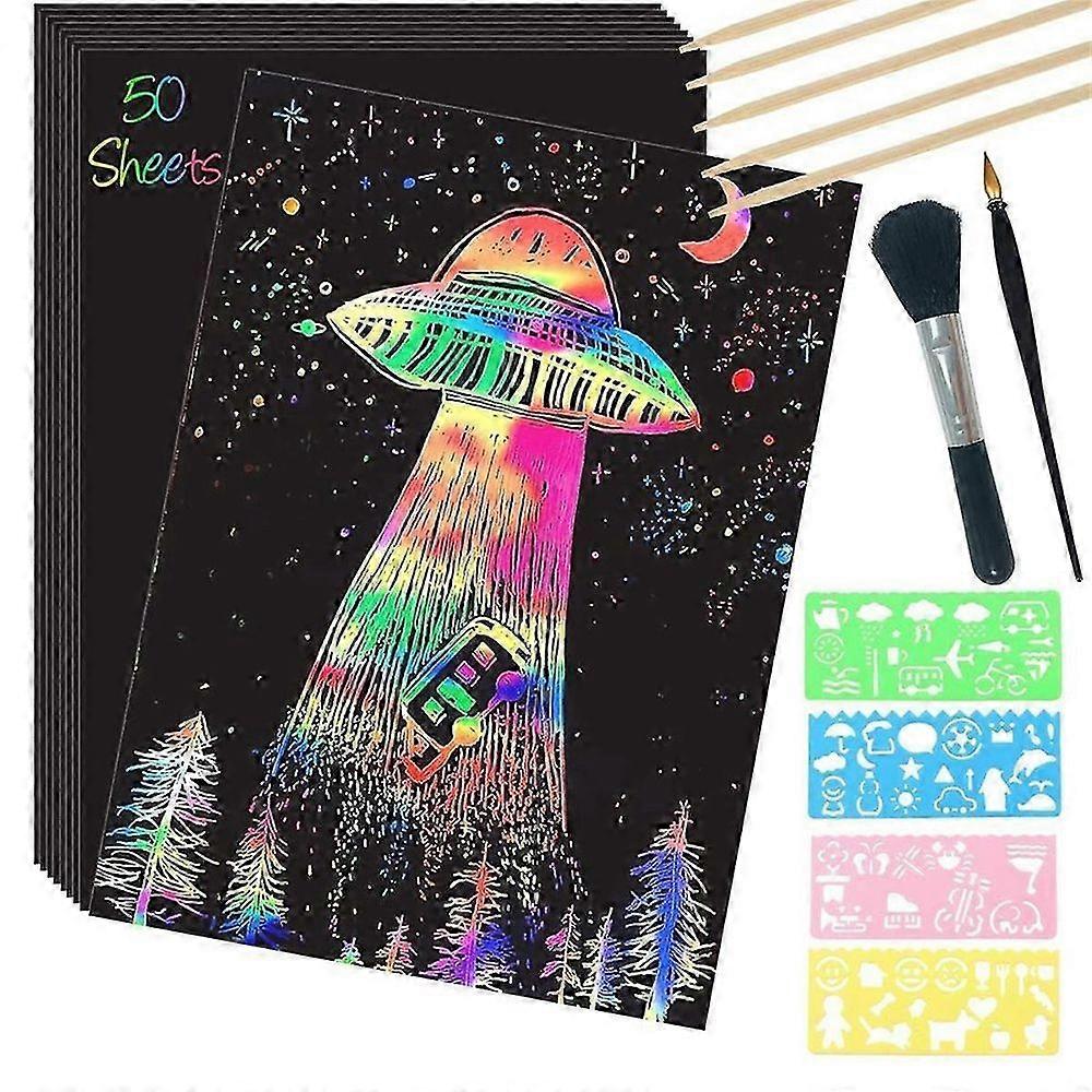 Scratch Paper Art Set,50 Sheets 8x11in Rainbow Coated Scratchboard Large Scratch Paper with Wooden Styluses and Stencils