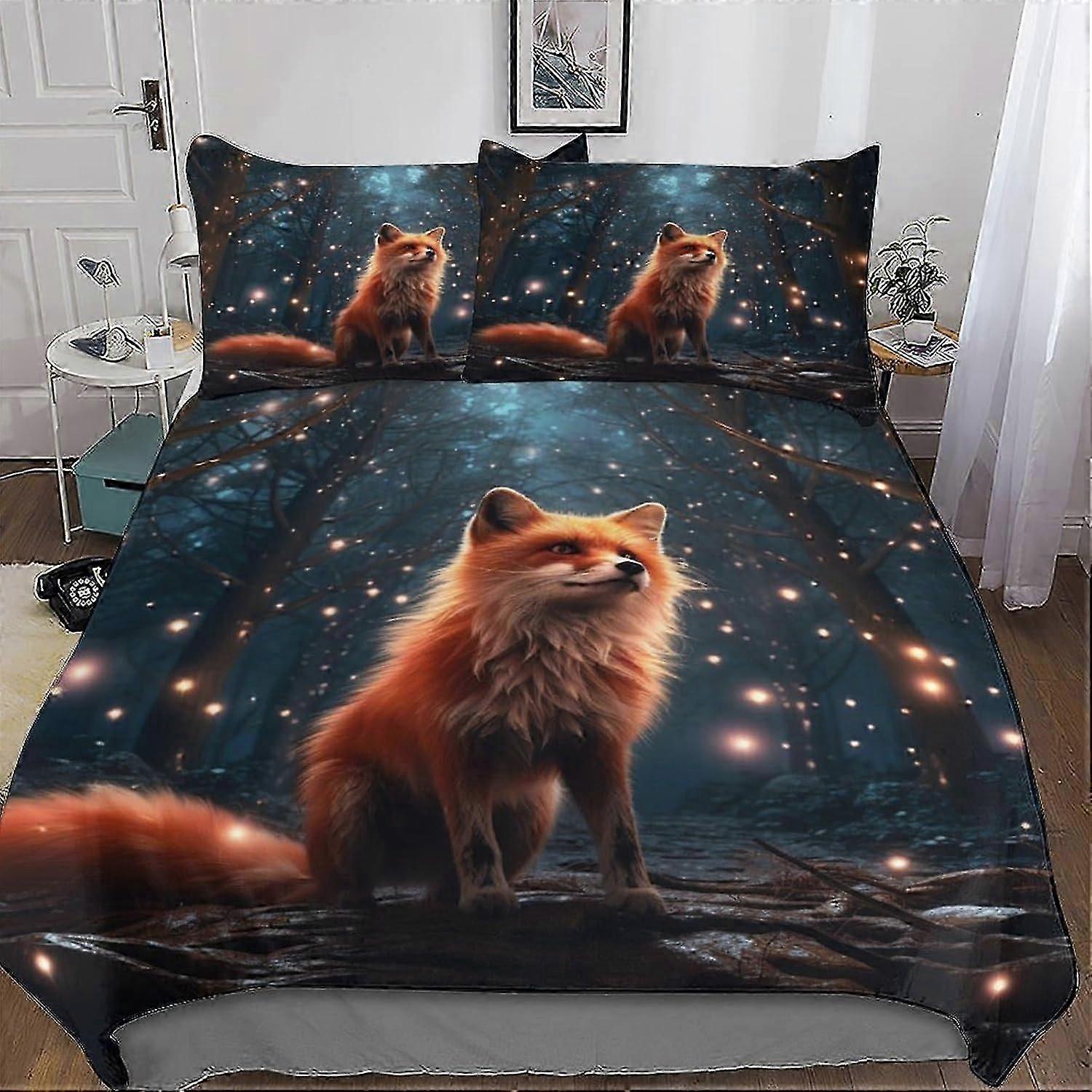 J3974 Lakens Fox Beddengoed Set 3D Print Dekbedovertrek Set met Kussensloop met Rits Zachte Microvezel Sprei Cover Tromper Cover 2 stuks Voor Jongens, G