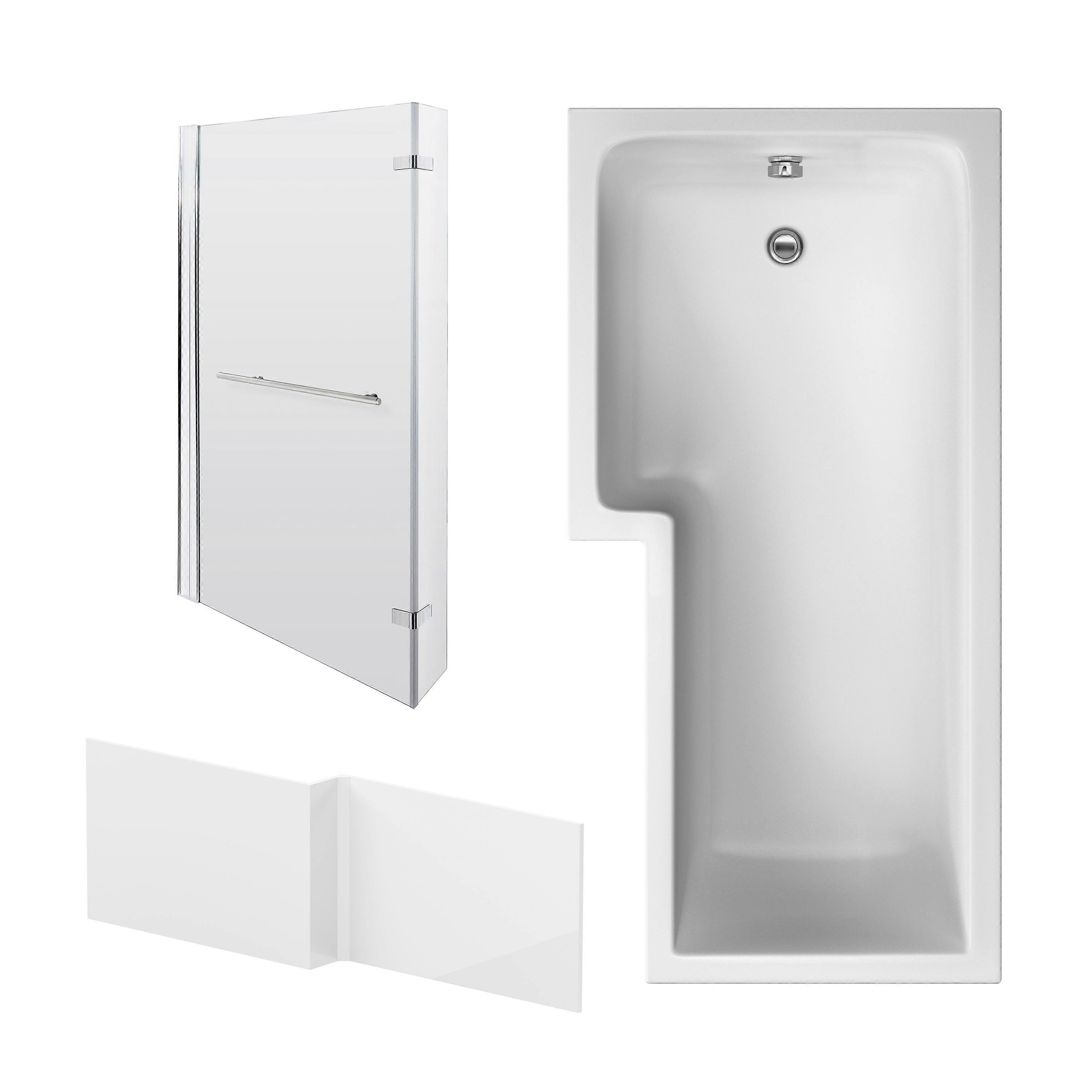 L Shape 1700x850 Shower Bath Set - Front Panel & Chrome Fixed Return Screen with Towel Rail, Left Hand