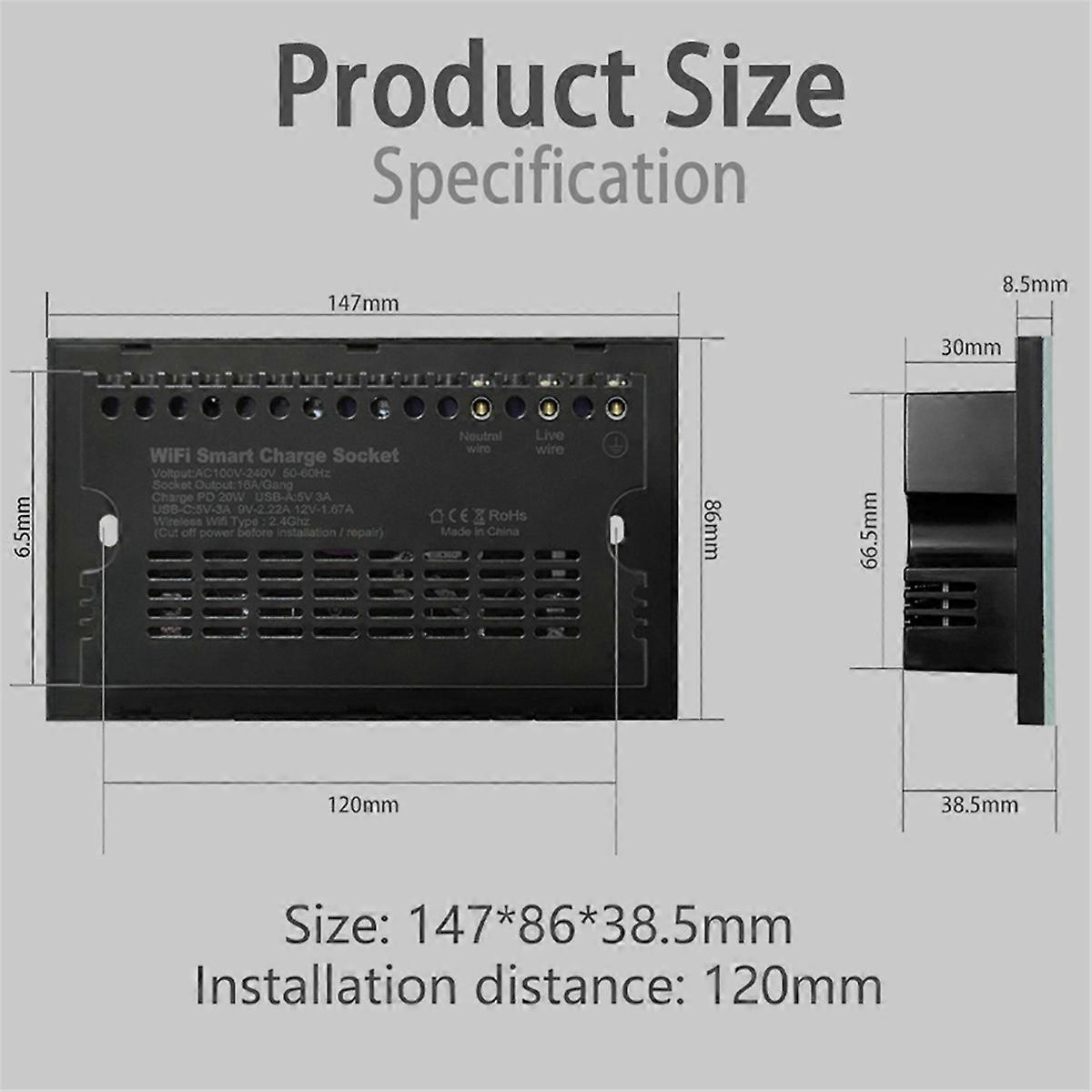 Tuya Wifi Wall Smart Socket 147Smartsocket RC US & EU Universal-Black