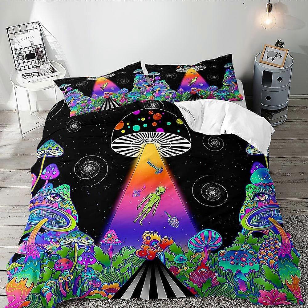 3 PCS Duvet Cover Trippy Alien Mushroom UFO Outer Space Psychedelic Hippie Rainbow Bedding Queen Size