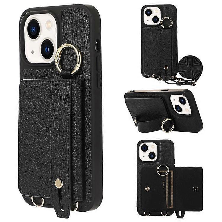 Leather+TPU Cover Compatible For iPhone 13 / 14 6.1 inch Card Holder Hand Strap Kickstand Phone Case with Shoulder Strap