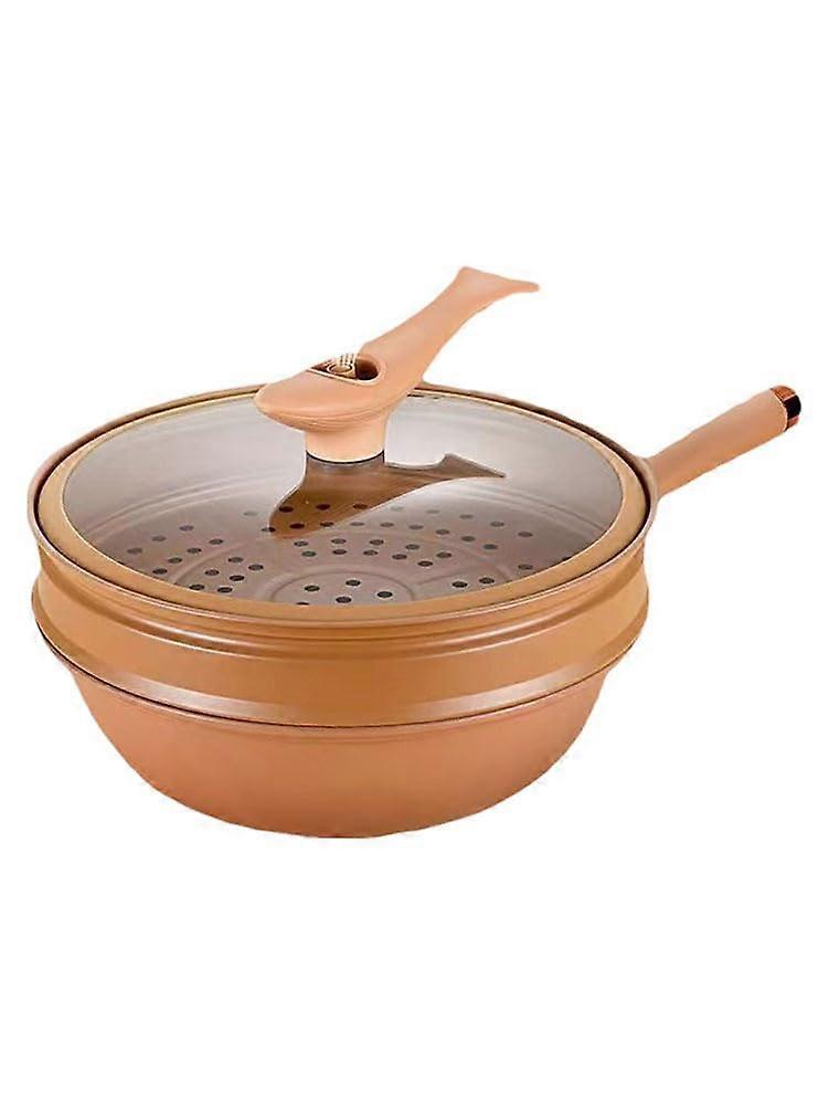 Iron Wok with Lid,NonStick Frying Pans Cooking Steaming Pan, and Cooking All in 1