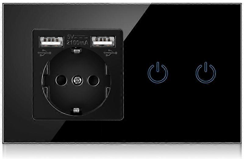 EU Smart Touch Light Switch 2 Way + Germany Socket + 2 USB Ports Outlet Black Crystal Glass Panel 16A