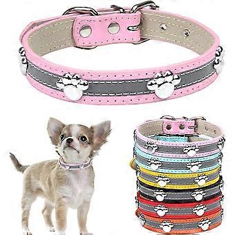 Reflective Dog Collar With Cute Paw Rivet Studded Funny Soft Pu Leather Adjustable Puppy Dog Collars For Small Medium Large Dogs Cats Pink Large (pack