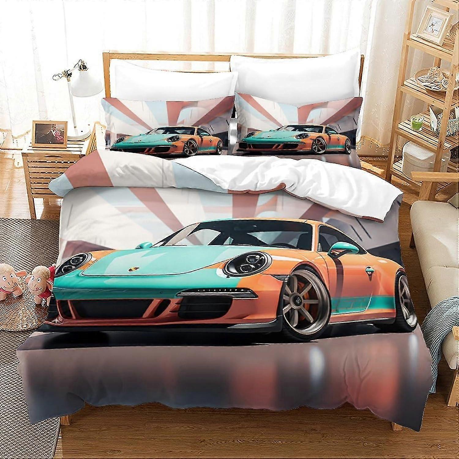 مجموعة من 3 قطع من 911 سيارة رياضية بطابع مفروشات مطبوعة ثلاثية الأبعاد مع أكياس وسائد بسحاب مخفية وغطاء لحاف من الألياف الدقيقة مناسب للبالغين والأطفال
