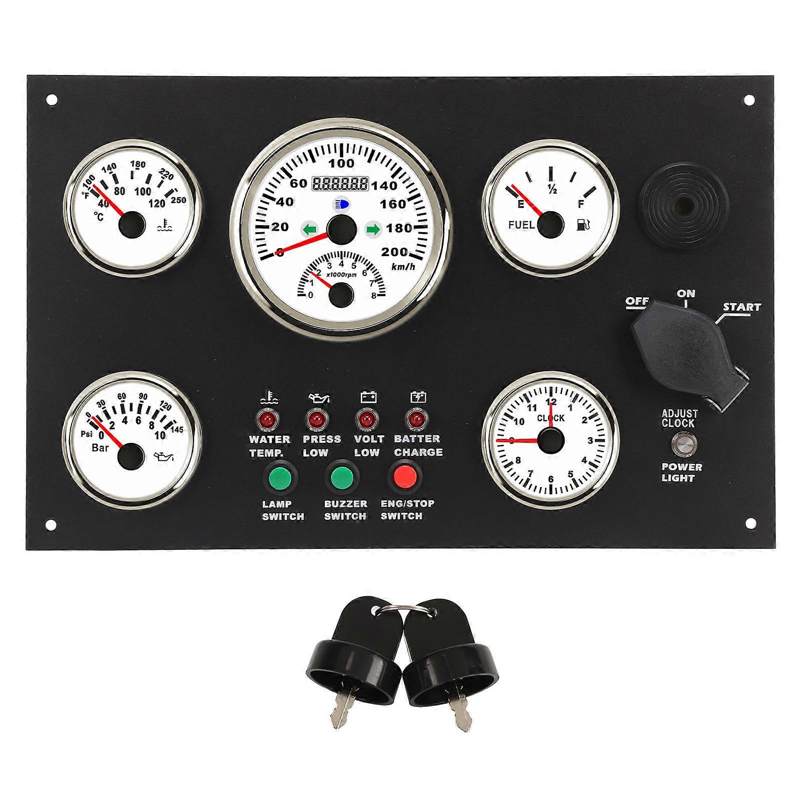 Marine Dash Instrument Panel Engine Speed Oil Level Pressure Water Temp Time Display with Low Voltage Alarm Red Backlights