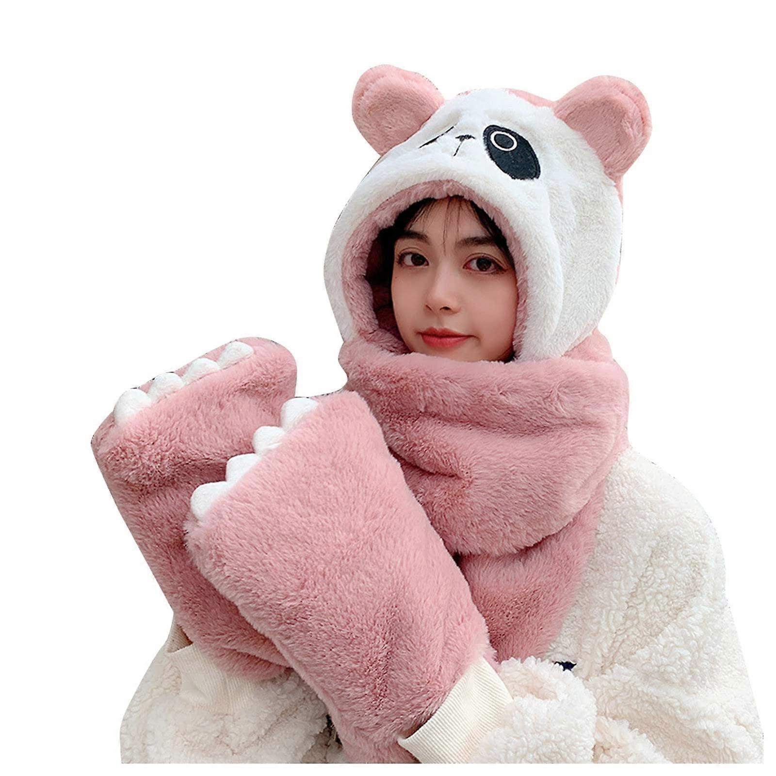 Women Cartoon Patchwork Plush Hat with Thick Double-Layer Design, Warm Scarf and Gloves Set, One Size, Pink