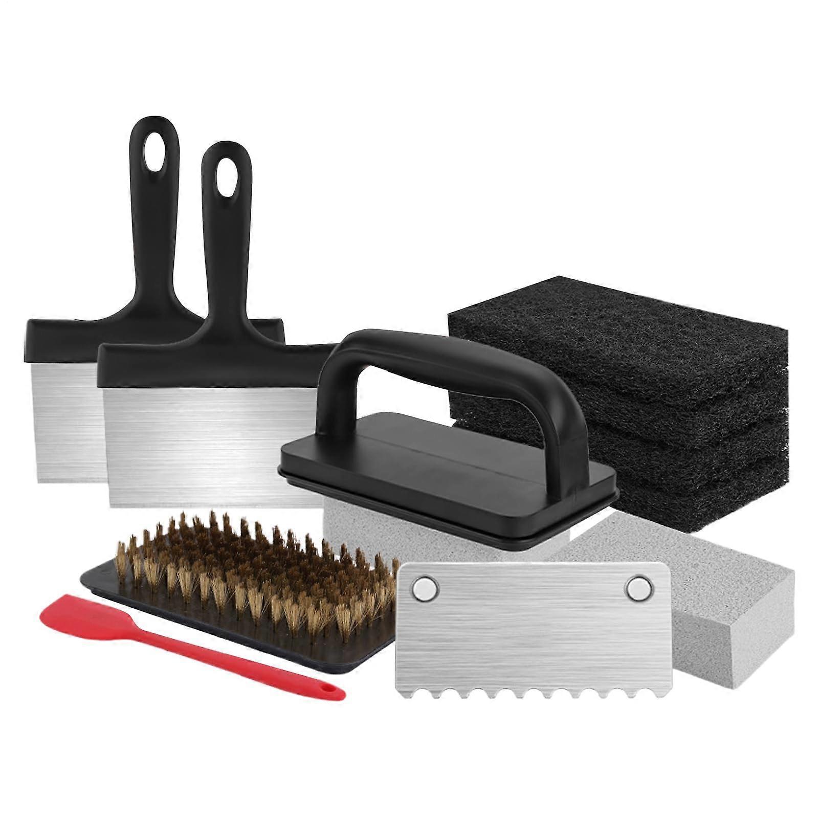 Grill care set for grill plates Grill spatula and grill brush pads, robust multipurpose tools ergonomic for snack trucks and commercial use.