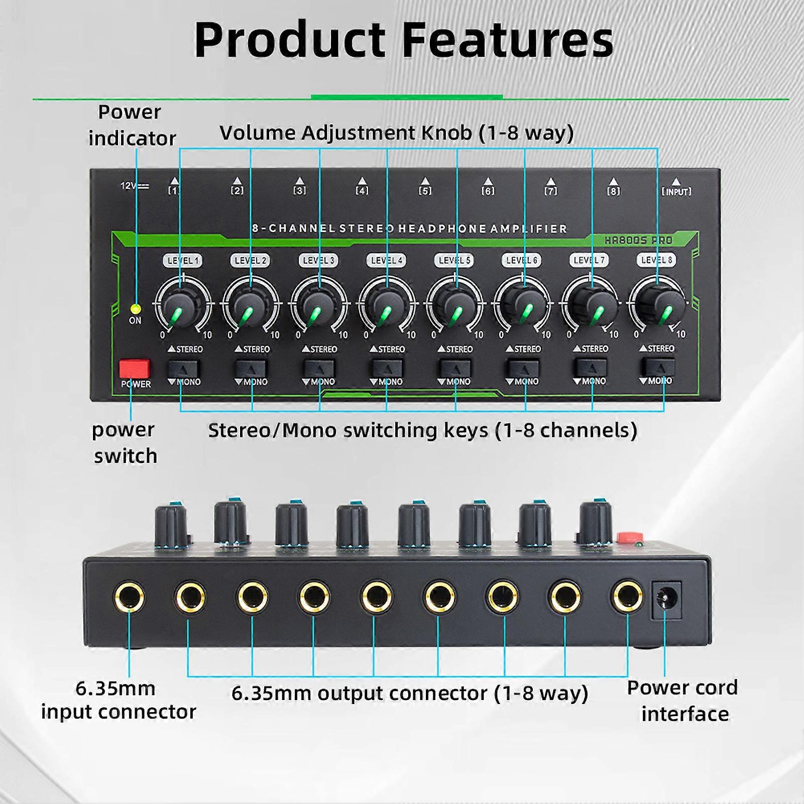8 Channel Headphone Amplifier 6.35mm Input Output Interface Stereo Headphone Amp Sound Amplifier Portable Earphone Amp Splitter for Stage Studio