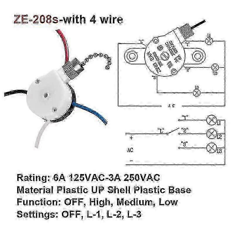 2025 3pcs Ceiling Fan Switch Ear Ze-208s E89885 3 Speed 4 Wire Pull Chain Switch Fan Light Switch Replac