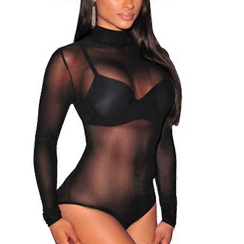 Women Neck Crop Long Sleeve See Sheer Net Fish Mesh Blouse Top T-Shirt Turtle Jewelry Accessory