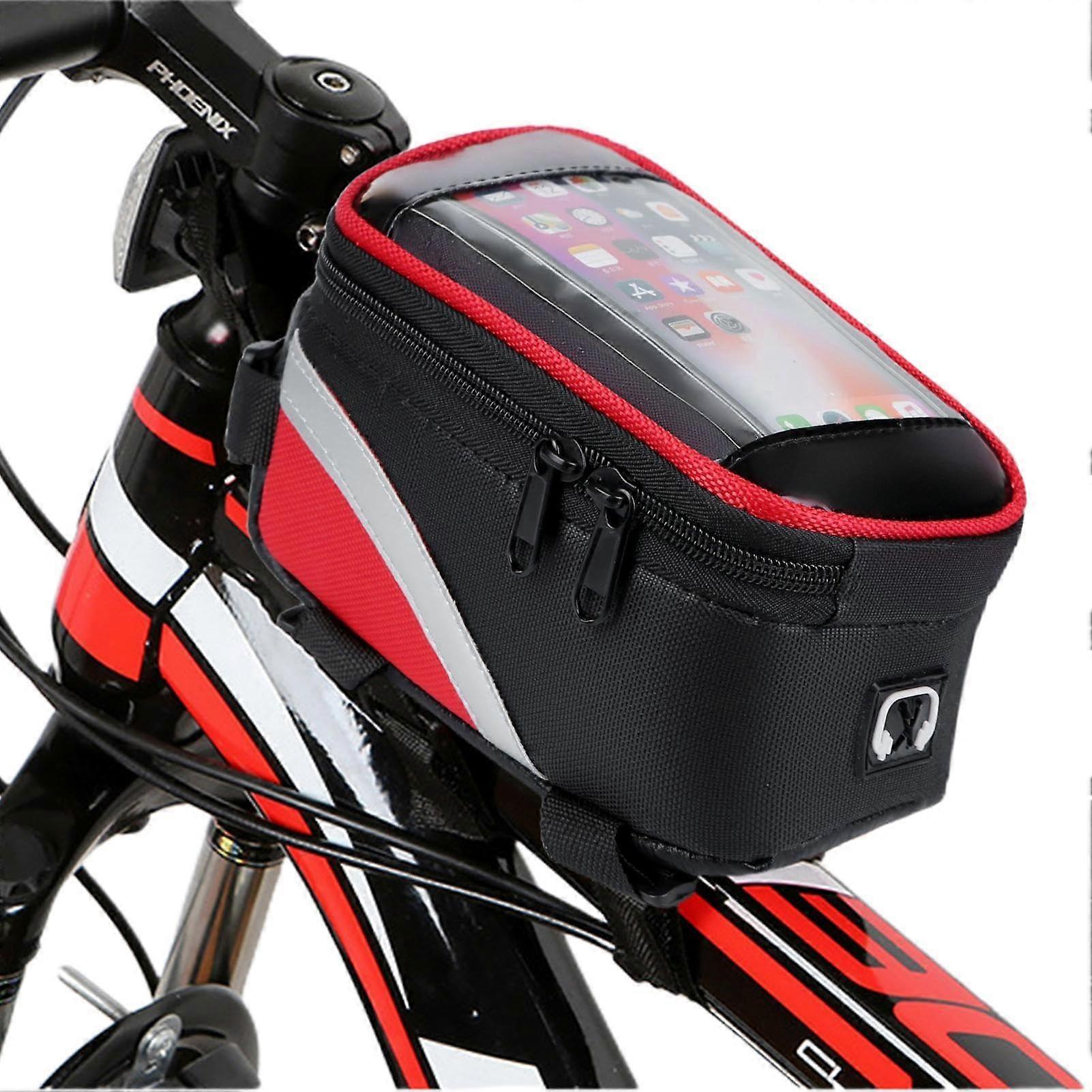 Bicycle Frame Bag with Touchscreen Double Zipper, Phone Holder Red