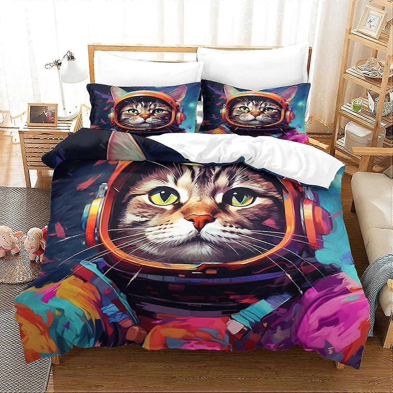 3D Printed Space Cat Duvet Cover Set for Adults and Kids, King Size, No Comforter Included