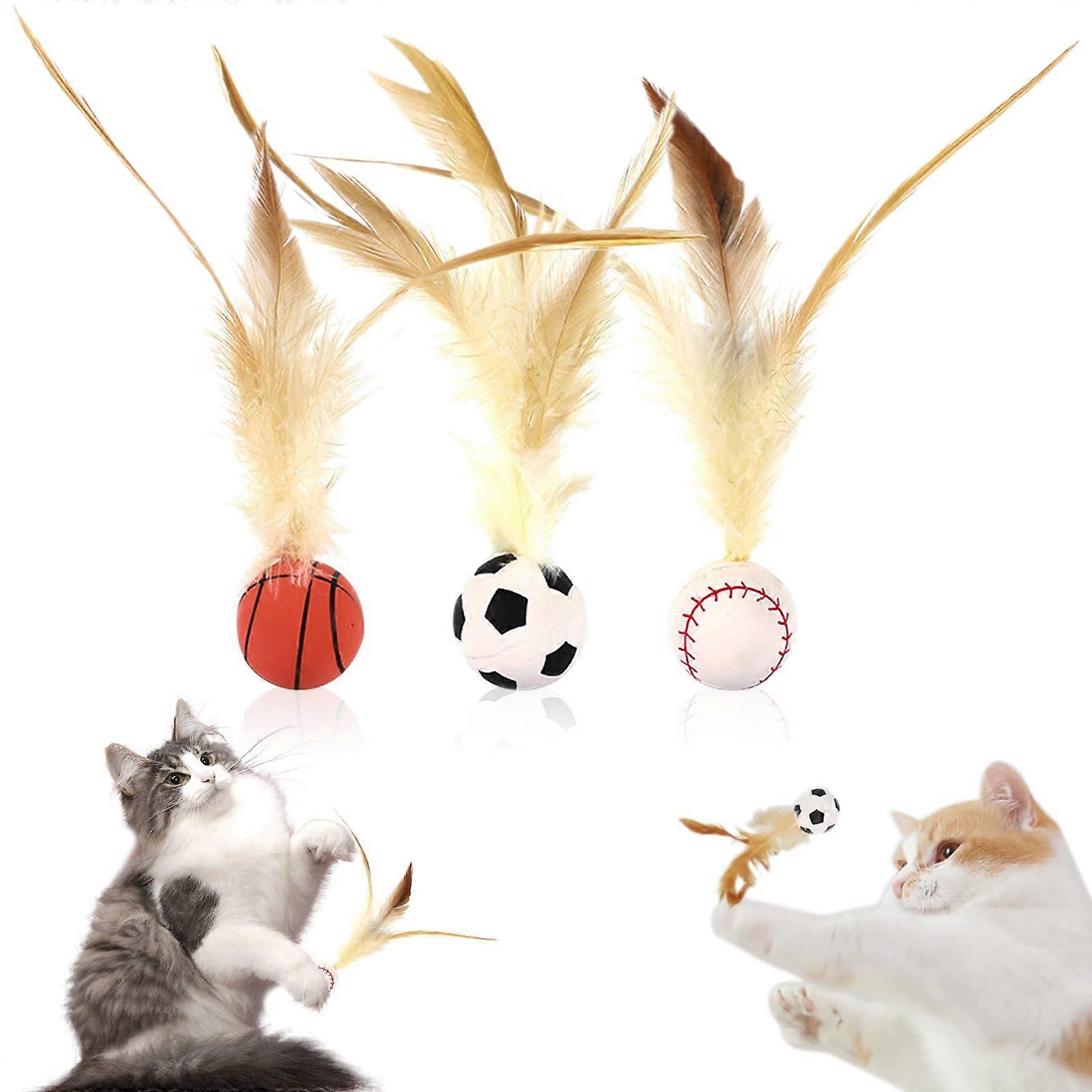 Bouncing Cat Ball Pack of 3 with Feather, Interactive Cat Toy for Indoor Cats, Highly Elastic Play Balls