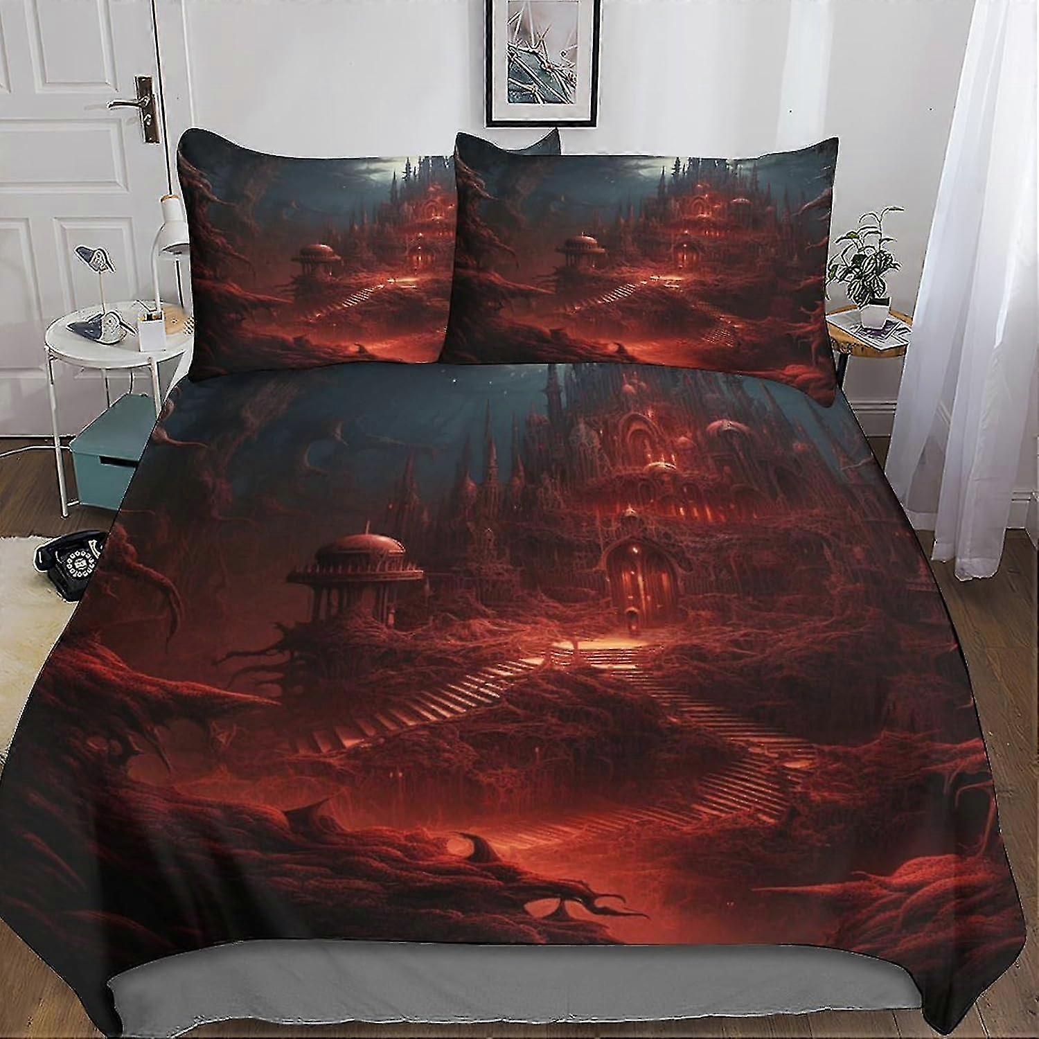 Dark Castle 3D Print Duvet Cover Set with Hidden Zipper Closure, Microfiber Polyester Scary Architecture Comforter Quilt Cover Suitable for 