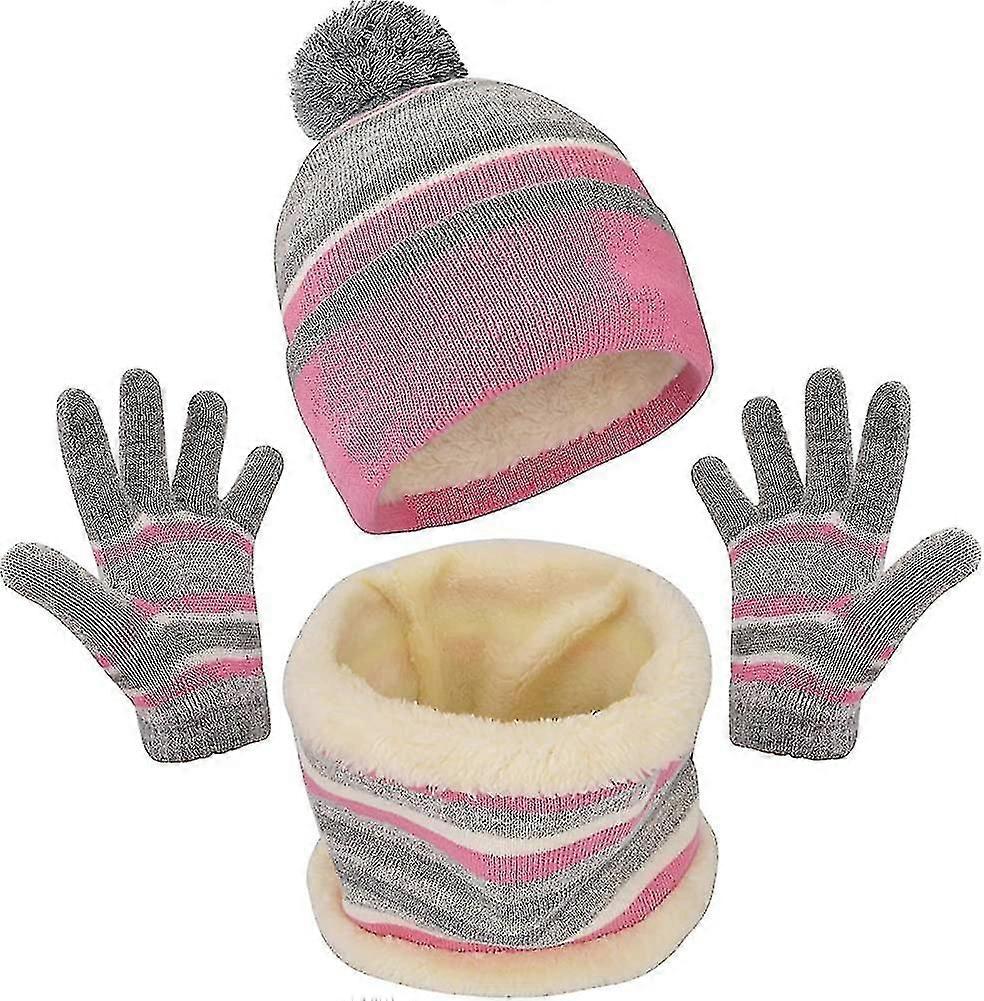 Winter Kids Bobble Hat Scarf Gloves Set With Double Layer Fleece Lining For Boys