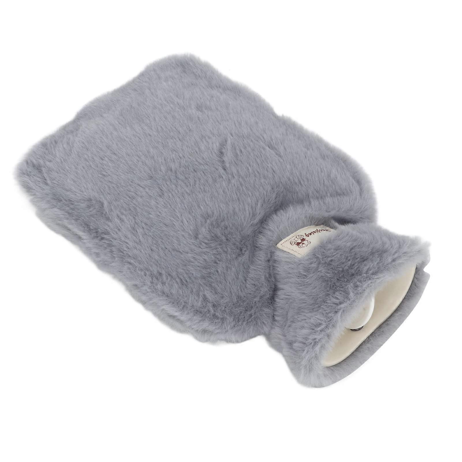 Plush Hot Water Bottle 1000ml with Wide Opening, Insulated and Non-Slip Design, Soft Washable Grey Cover for School Office
