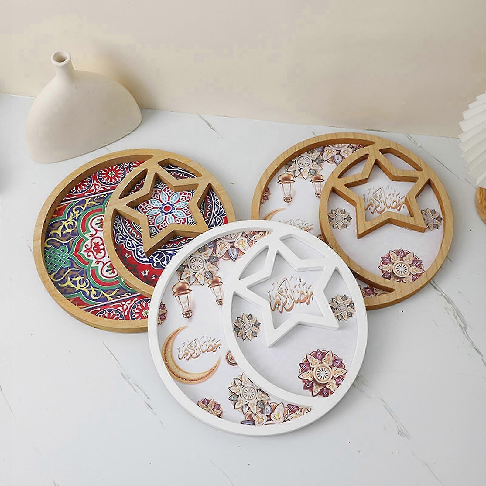 Ahşap Bayram Mübarek Tatlı Tepsisi, Ay Yıldızı Ahşap Tabak Tepsisi, Tatlı Yemek Meyve Depolama Ramazan ve EID Mübarek Süslemeleri için Sofra Takımları