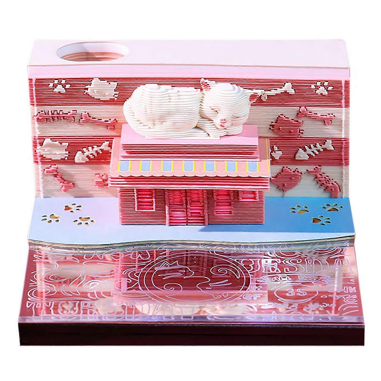 3D Art Calendar 3D Memo Block Creative Timepiece Calendar Sleep Cat Paper Carving
