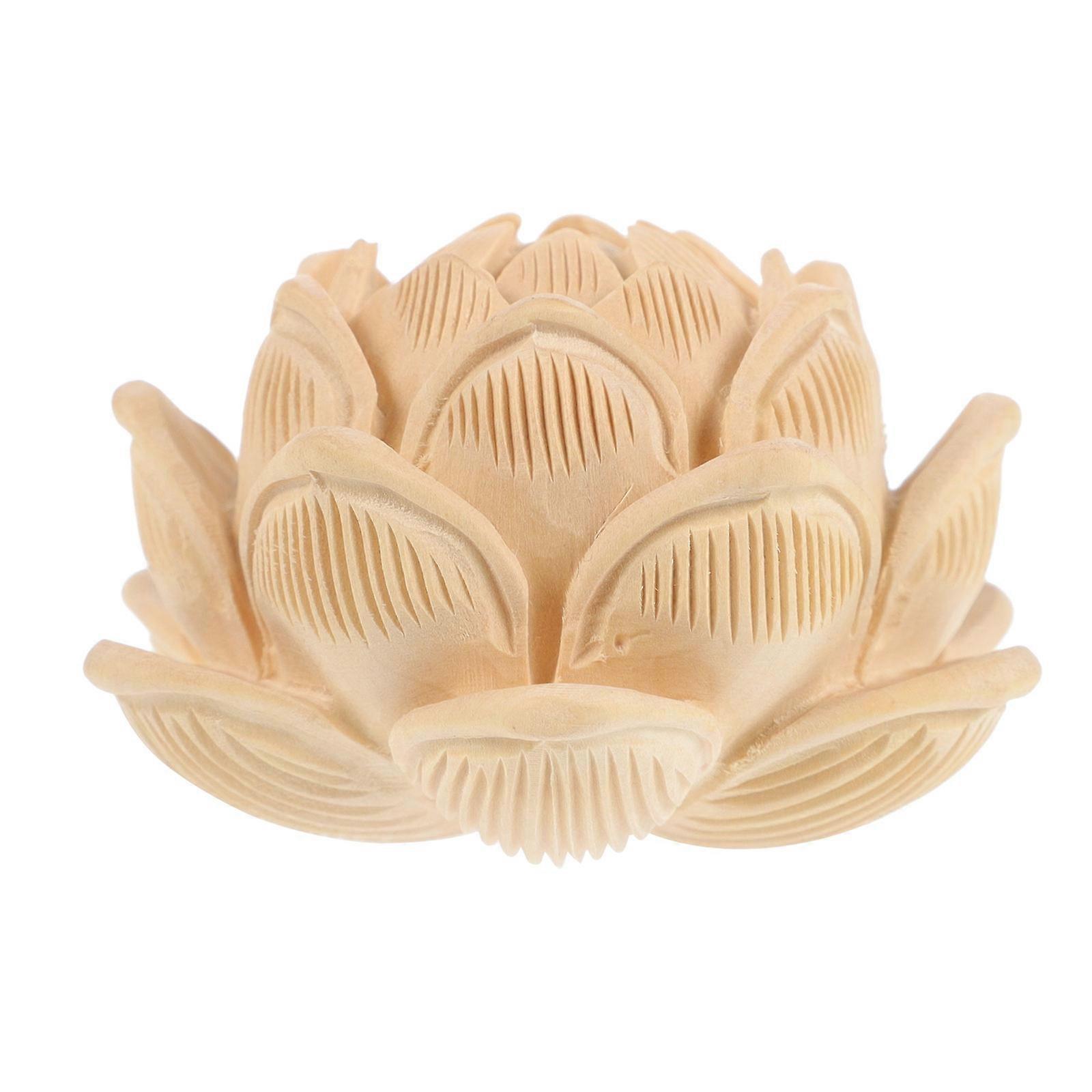 Lotus Sculpture For Home Carved Lotus Statue Decoration Tabletop Wood Ornament Elegant Design Square Base Khaki 2.4×2.4×1.6in 1Set