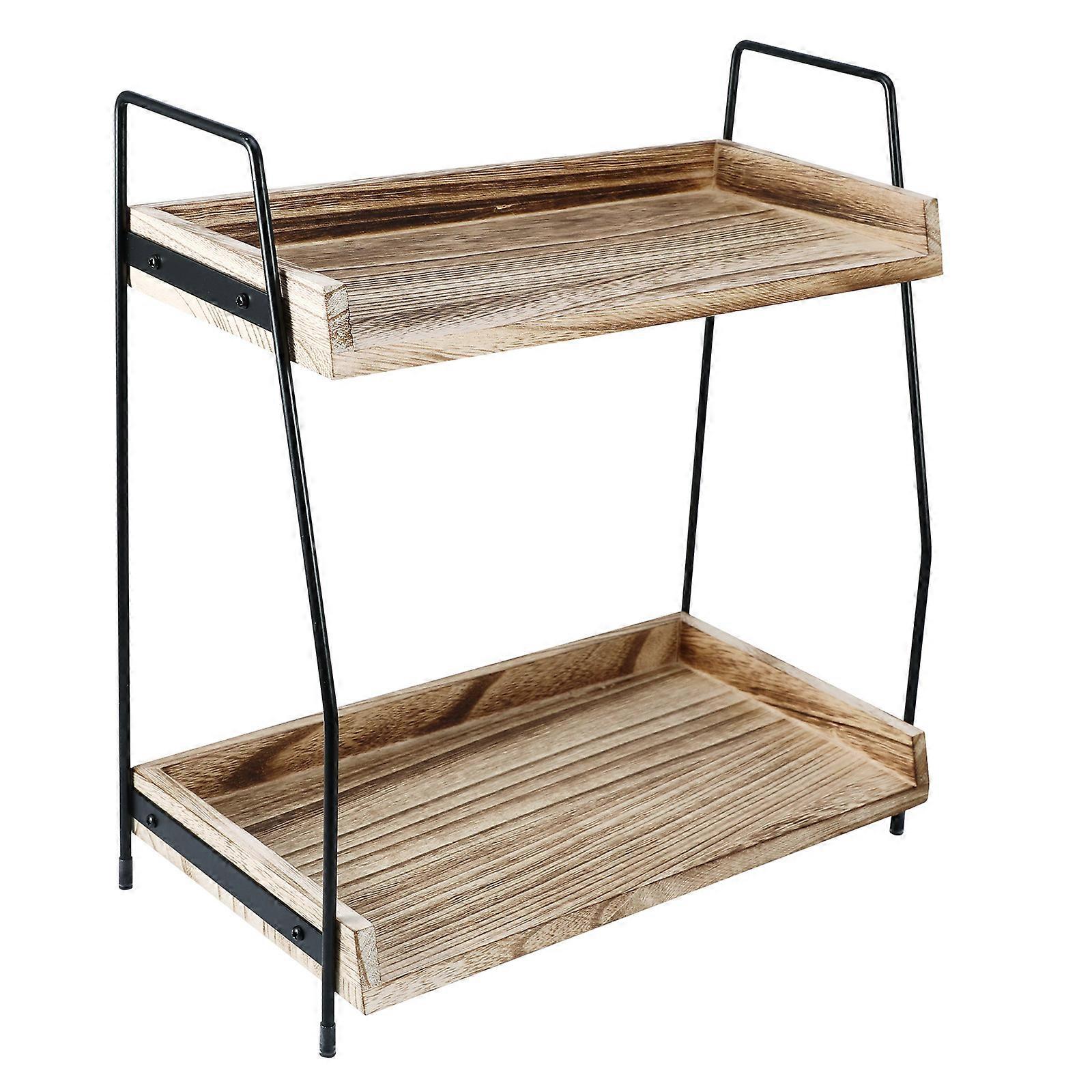 Multi-functional Wooden Double-layer Desktop Organizer Brown