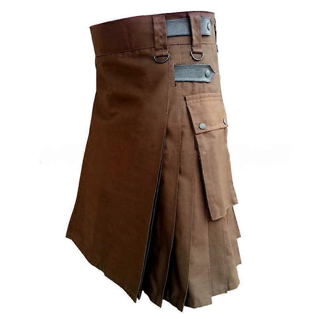 Black Men's Kilt Scottish Skirt with Pocket, Classic Scottish Pleated Skirt, Punk Medieval Party Utility Mini Kilt in Brown