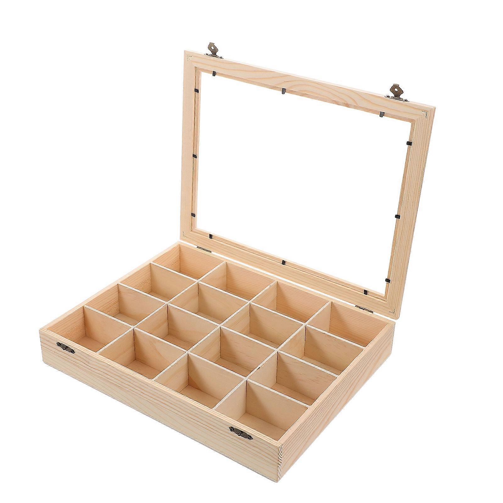Clear Lid Rock Collection Organizer Case Wooden Display Box with 16 Compartments for Mineral Specimens and Collectibles