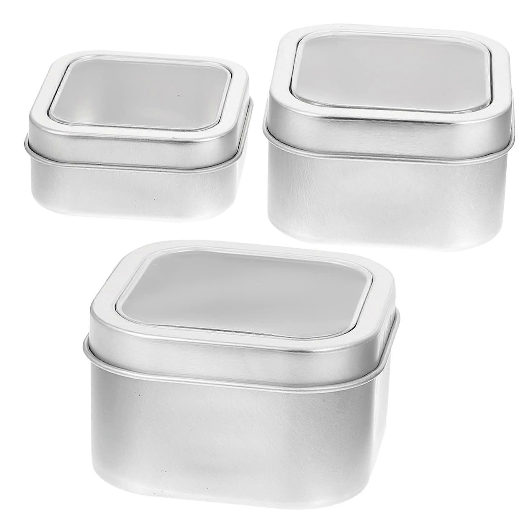 Set of 3 Candle Tin Square Containers with Lid 7.5X7.5X5CM Silver