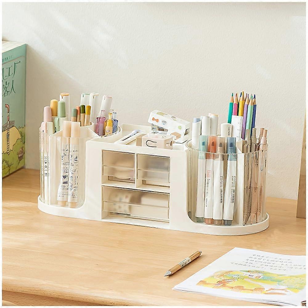Double Rotating Desk Organizer with 3 Drawers, Pen Holder, Large Capacity White