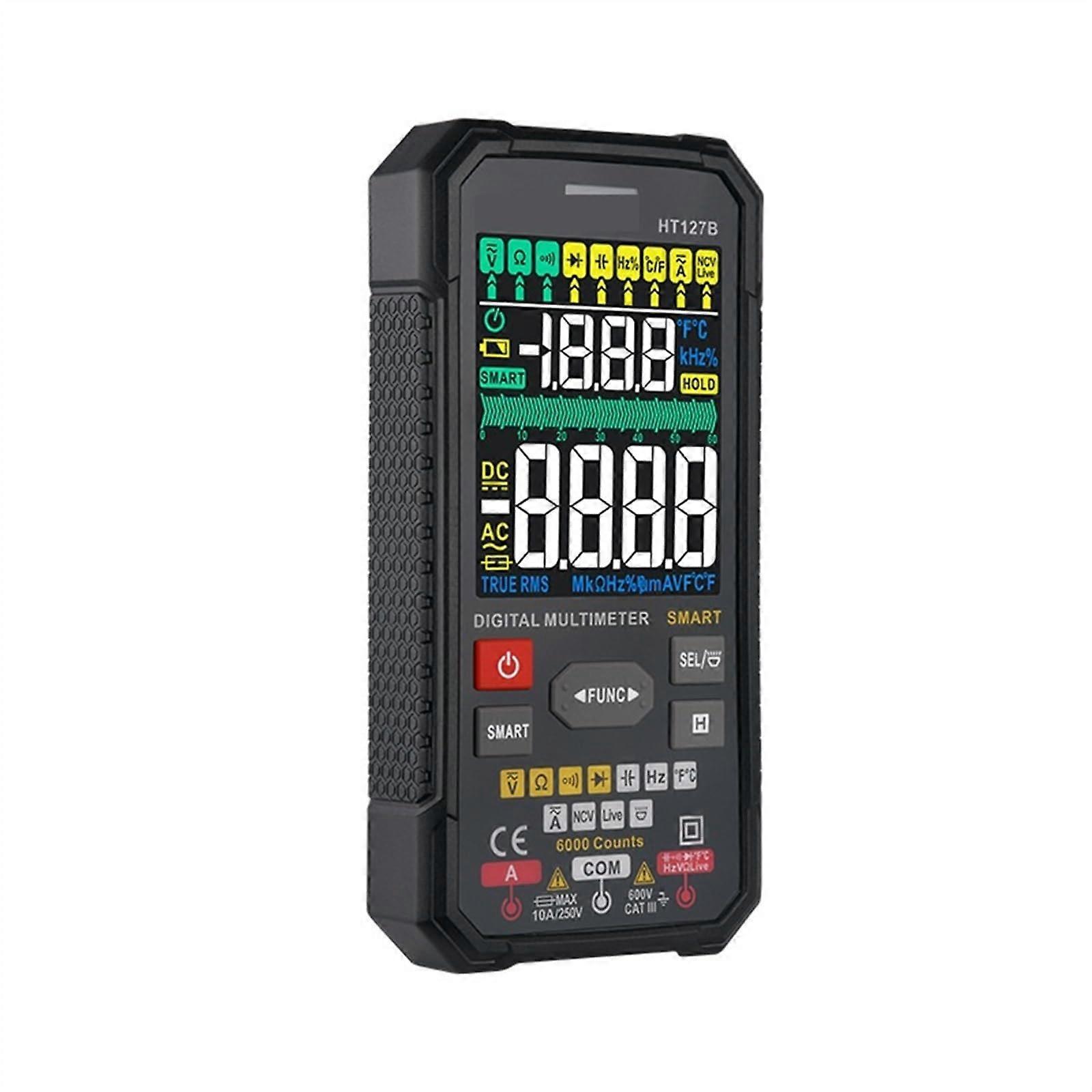 HT127B Digital Multimeter with Smart Auto Range, AC DC Voltage, Current, Ohm, Hz, 6000 Counts, True RMS and Temperature Test