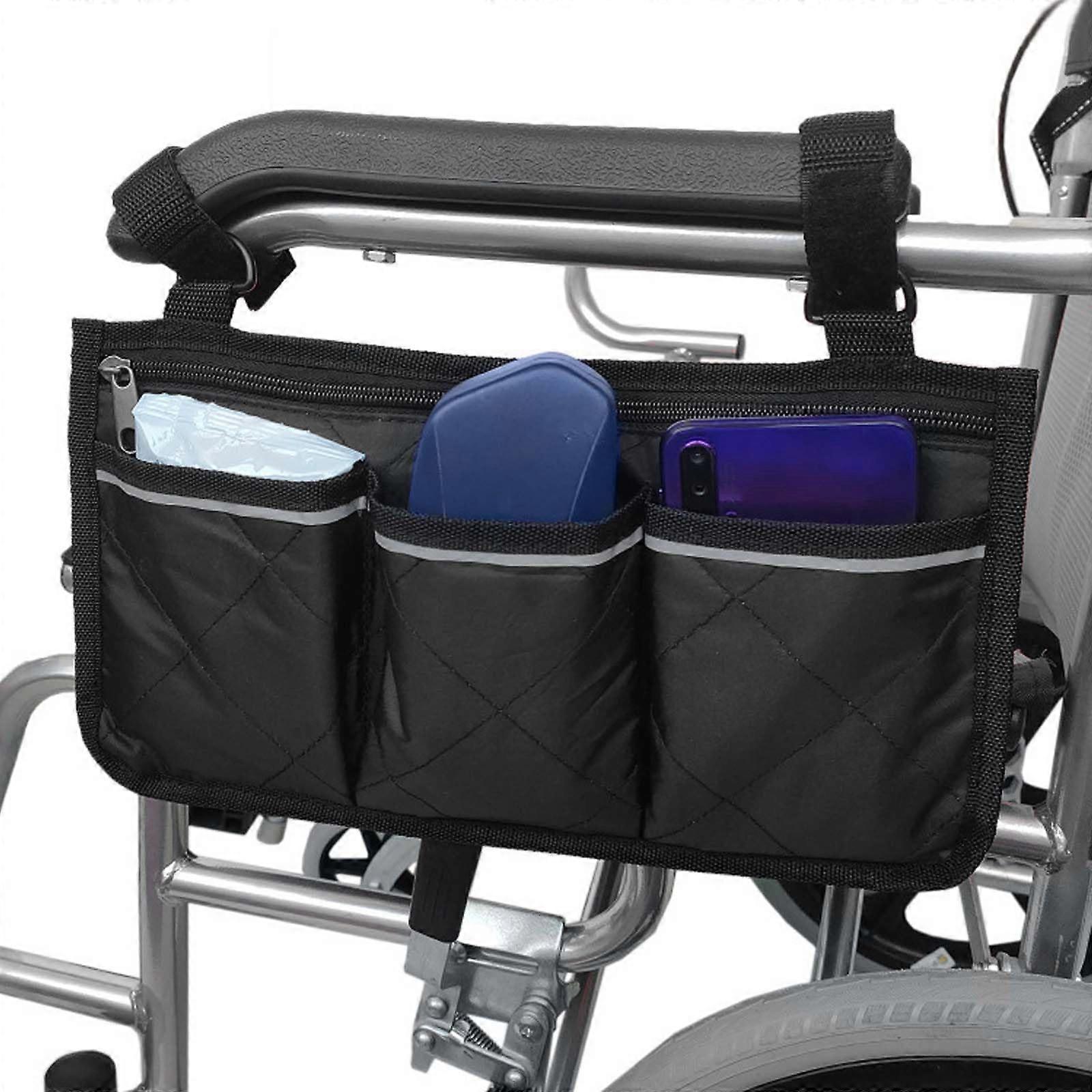 Wheelchair Side Bag with Pockets, Cup Holder  Reflective Strip