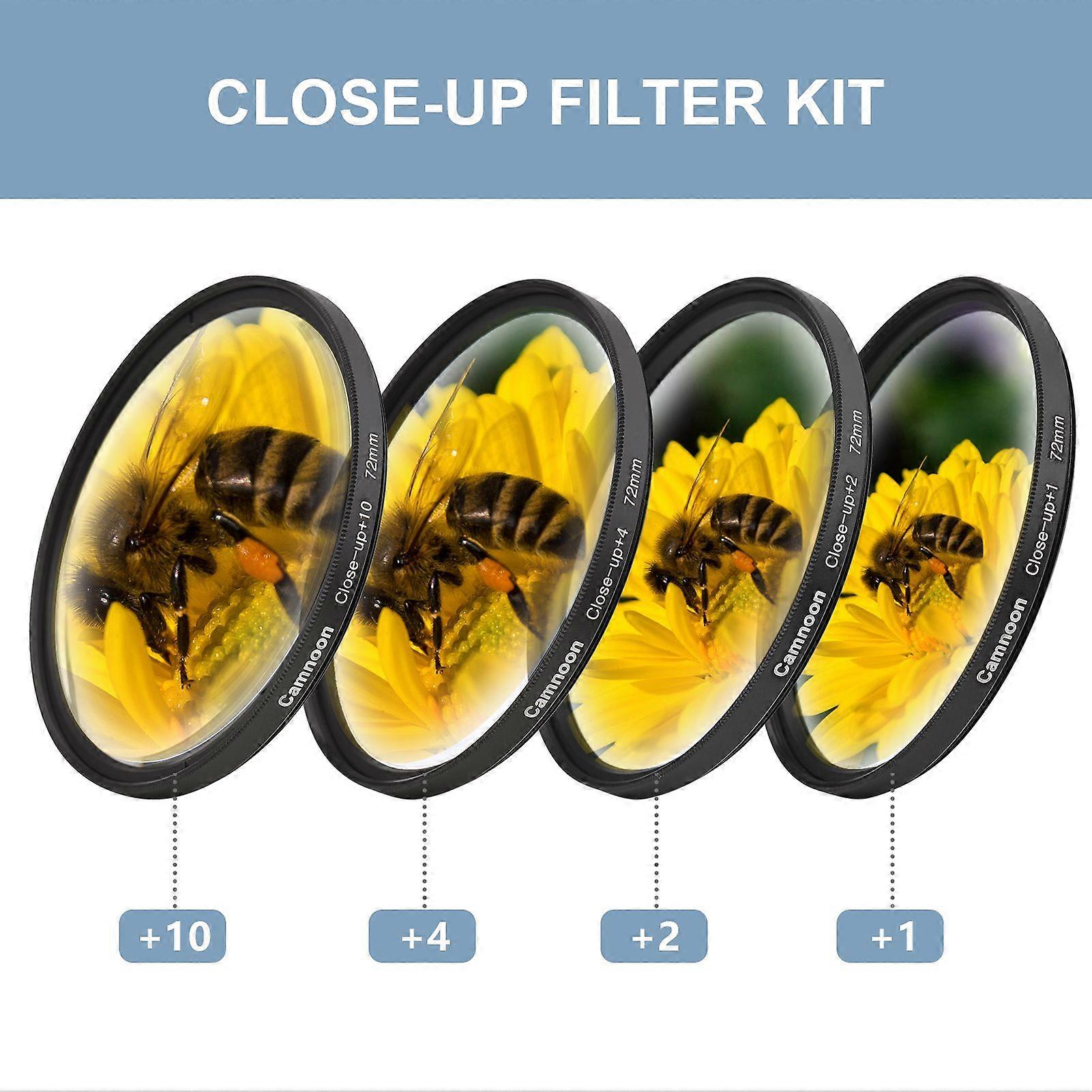 Camnoon 72mm Close-up Filter Kit 4pcs(+1,+2,+4,+10) Macro Filters Close-up Lens Filter Set with Filter Pouch Cleaning Cloth Replacement for Canon Niko