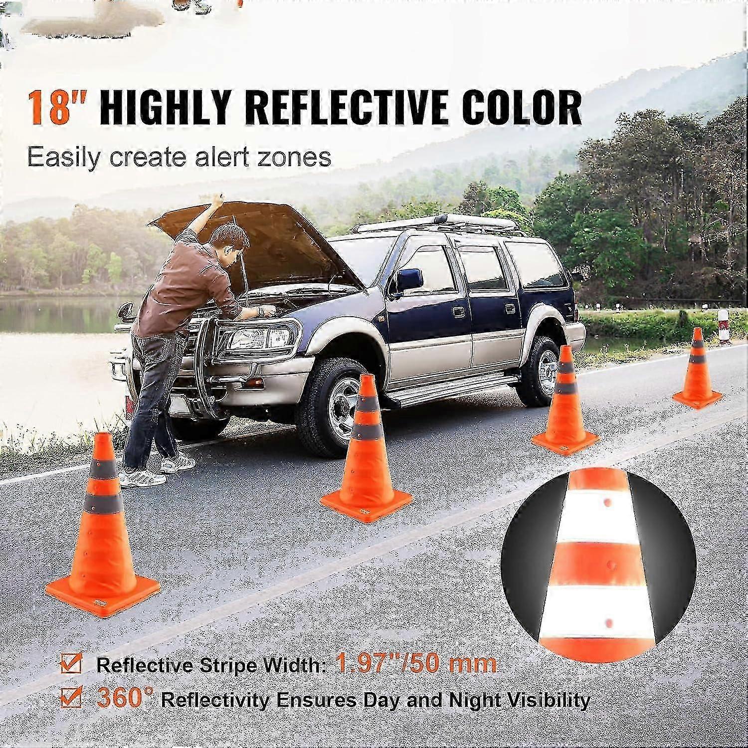 Safety Cones, 18 Inch Collapsible Traffic Cones, Construction Cones With Reflective Collars, Wide Base , For Traffic Control