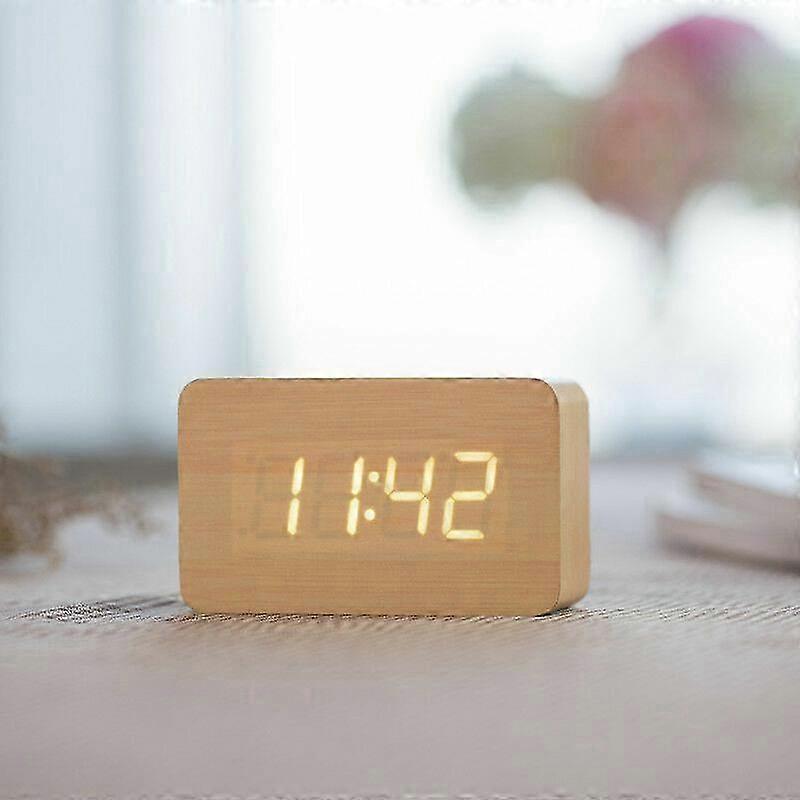Digital Alarm Clock Wood Adjustable Brightness Voice Control LED Clock Rectangle Display Time Temperature Home Decor